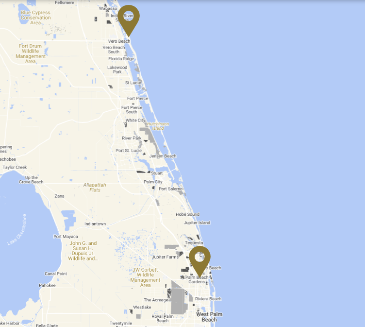 Map showing the SpirePoint office area between Vero Beach and Palm Beach Gardens