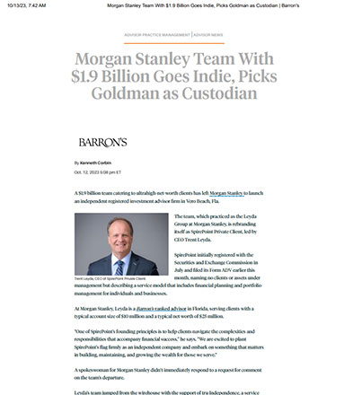 Morgan Stanley Team with $1.9 Billion Goes Indie, Picks Goldman as Custodian